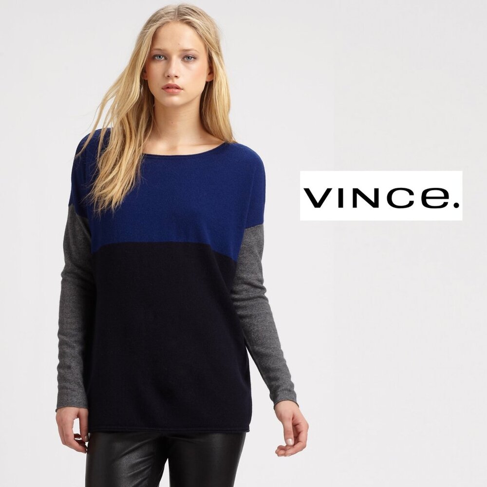 Vince Cashmere Wool Sweater XS Blue Gray Pullover Colorblock Color Block Top
